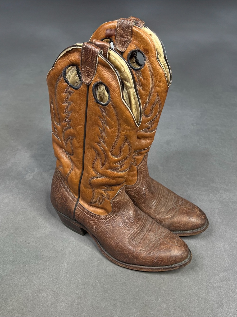 Vintage Two-Tone Brown Leather Cowboy Boots with Tan Shaft Boulet